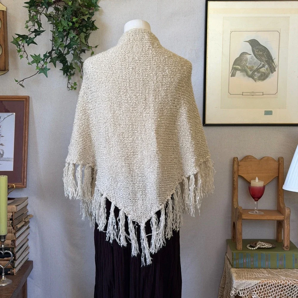 Beige Fringe Trim Knit Shawl Wrap Boho Vintage OS Layering Cozy Fall Scarf